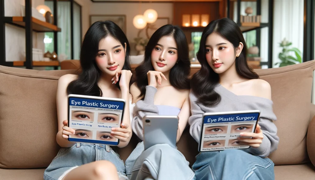 หญิงสาวชาวเอเชียสองคนตั้งใจอ่านรีวิวการทำตาสองชั้นบนอุปกรณ์ดิจิทัล
