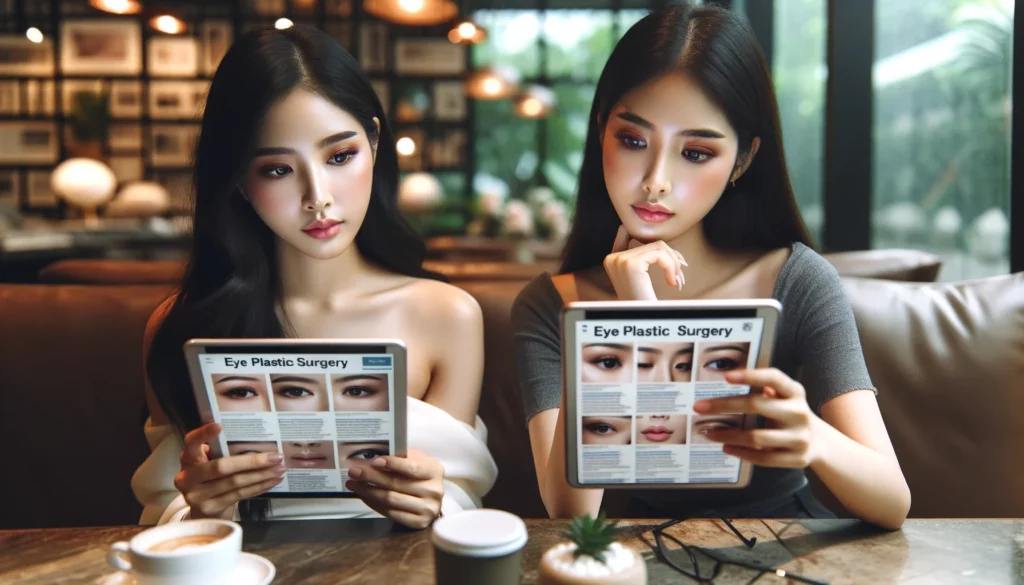 หญิงสาวชาวเอเชียสองคนตั้งใจอ่านรีวิวหลังทำตาสองชั้นบนอุปกรณ์ดิจิทัล